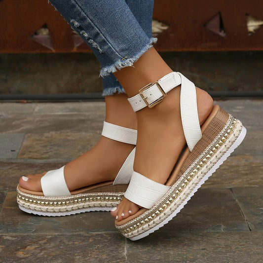 Women's Summer Wedge Sandals – Buckle Strap Hemp Platform Peep Toe Shoes