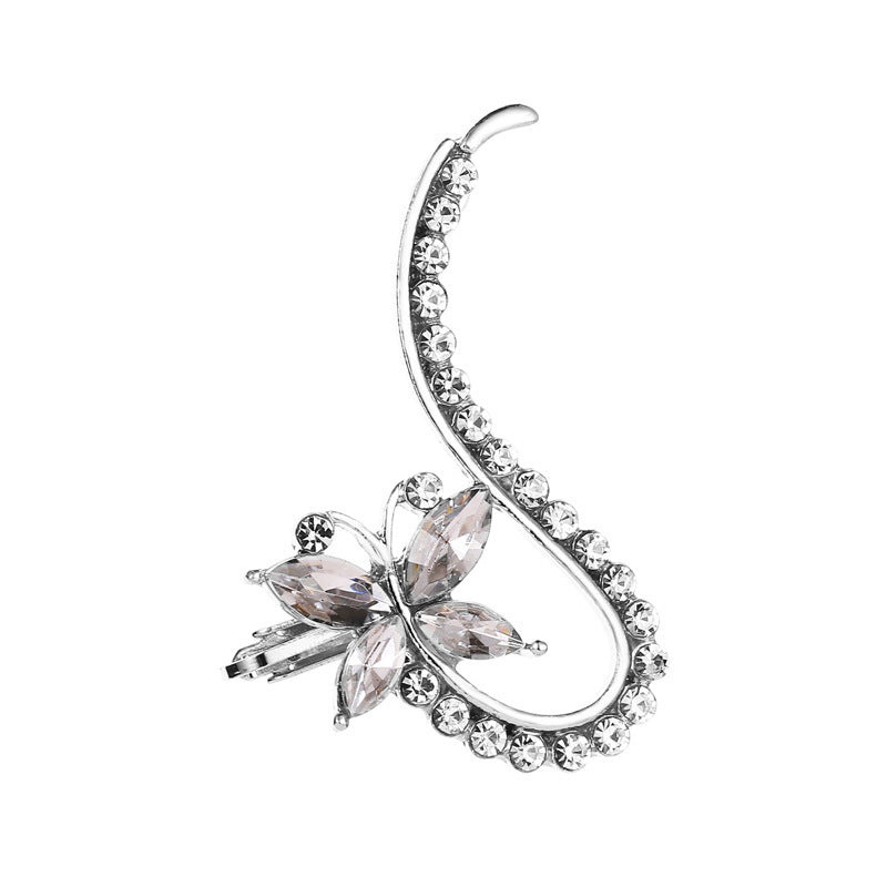 Full Crystal Butterfly Flower Single Crystal Ear Clip for Women