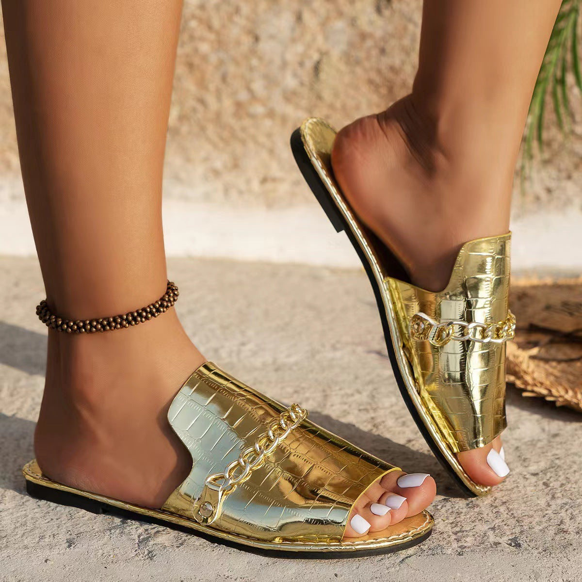Pattern Chain Flat Sandals – Women’s Fish Mouth Summer Slides for Casual Vacation & Beach Wear