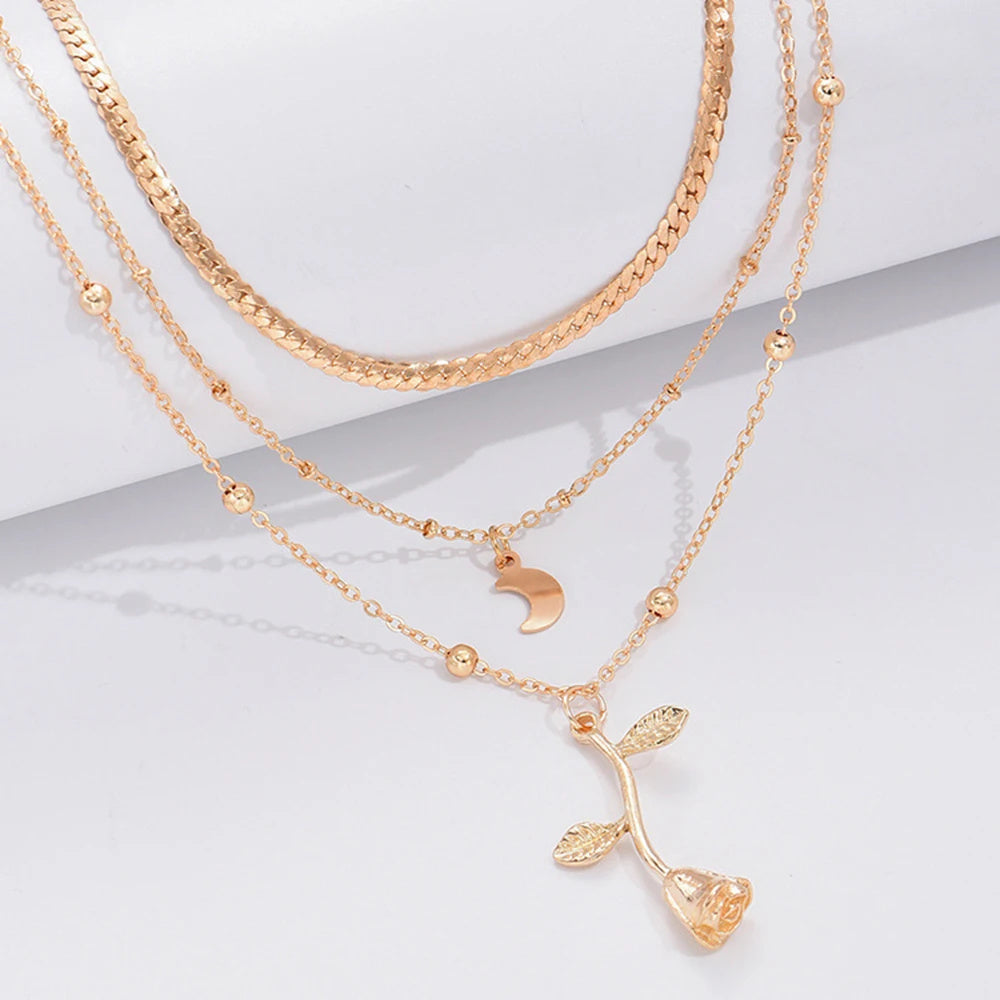 Bohemia Multilayer Gold Moon Pendant Necklace for Women – Rose Flower Choker, Fashion Jewelry, Perfect Valentine's Day Gift