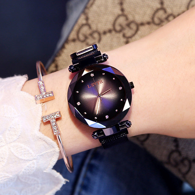Rose Gold Women's Watch - Fashion Diamond Starry Sky Magnet Wristwatch, Waterproof for Elegant Style