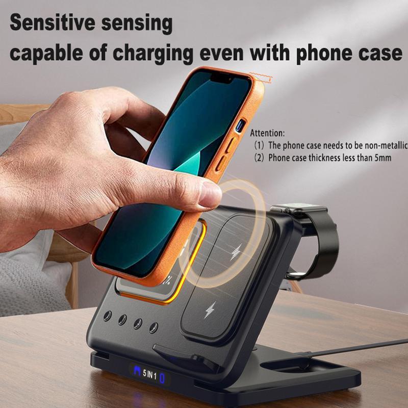 15W Wireless Charging Stand – 5-in-1 LED Digital Alarm Clock, Fast Charging Dock Station for Phones & Devices