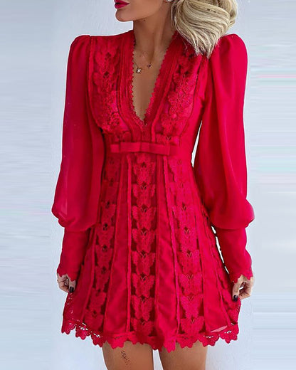 Elegant White V-Neck Lace Dress – Sexy Long Puff Sleeve Butterfly Dress for Women