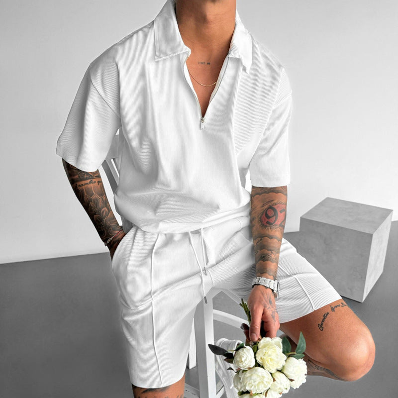 Summer Fashion Men's Clothing Set, Zipper Polo & Casual Shorts, Short Sleeve Drawstring Shorts Suit for Men