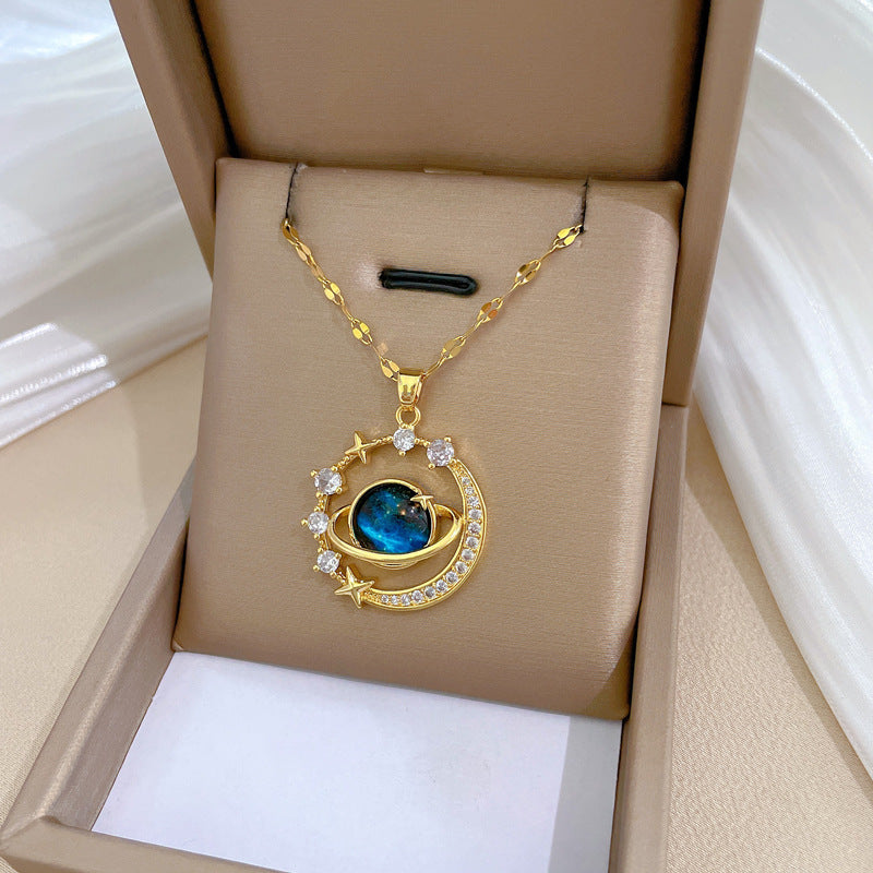 Stainless Steel Starry Sky Planet Astronaut Necklace for Women – Light Luxurious Temperament Star Metal Chain Jewelry Gift