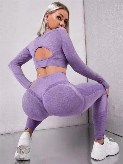 Women’s 2-Piece Sports Suit – Long Sleeve Hollow Design Top and Butt Lifting High Waist Leggings