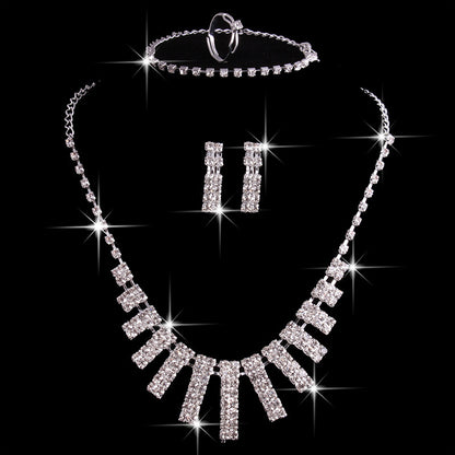 4-Piece Rhinestone Necklace Set with Earrings, Ring, and Bracelet - Elegant Fashion Jewelry for Women