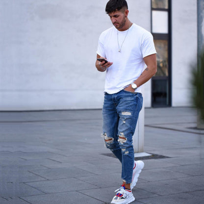 Stylish Hole Men's Ripped Jeans – Trendy Casual Denim Pants