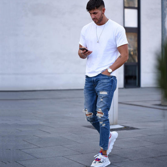 Stylish Hole Men's Ripped Jeans – Trendy Casual Denim Pants