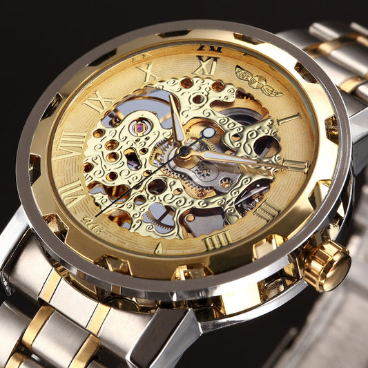 The Winner Men's Fashion Business Casual Gold Watchband Manual Mechanical Watch with Space Engraving