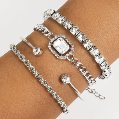 4-Piece Crystal Bracelet Set - Bohemian Design with Twisted Cuff, Vintage Luxury Armband Jewelry for Women