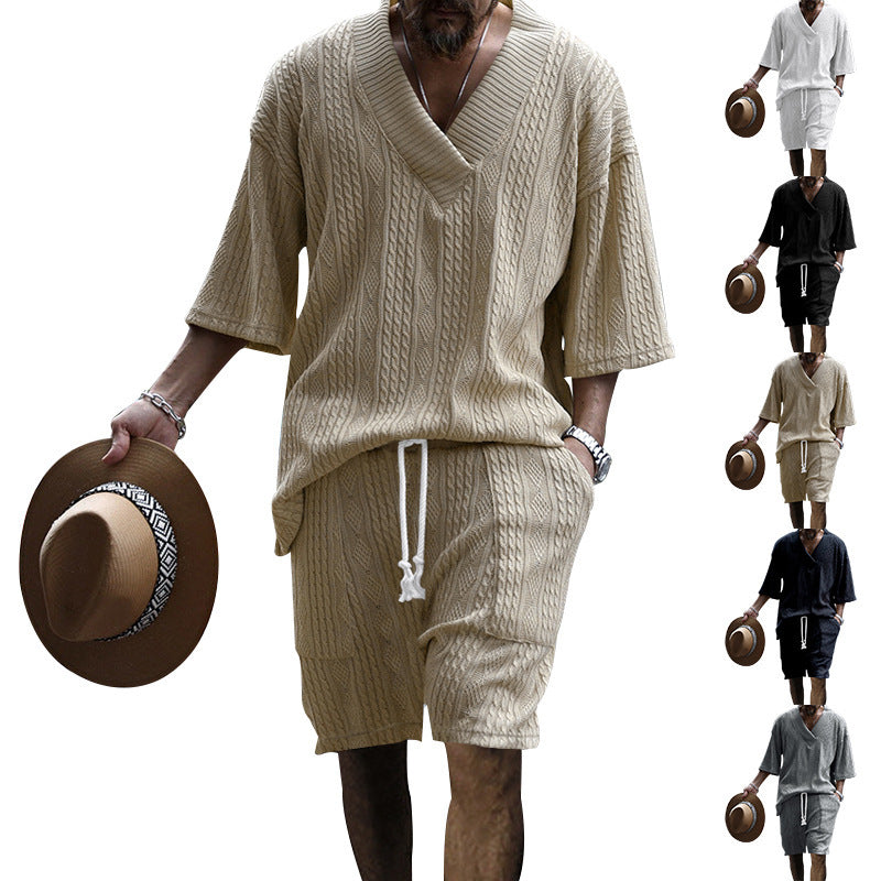 Casual Jacquard Suit Summer V-neck T-shirt & Drawstring Pocket Shorts – Fashion 2pcs Set for Men