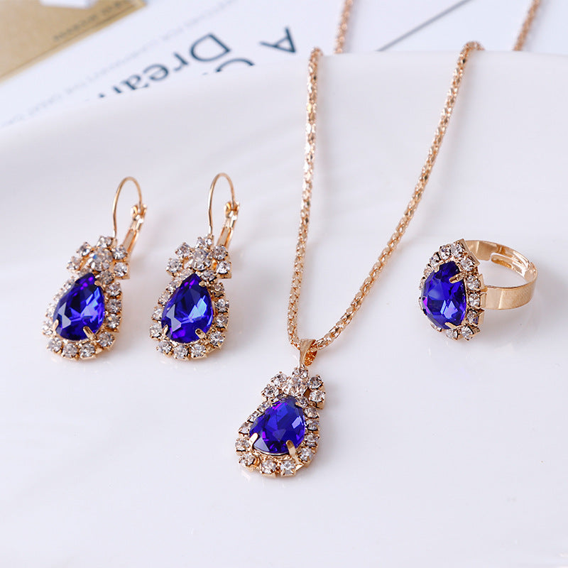 Water Drop Rhinestone Necklace, Earrings, and Ring Set – Elegant Jewelry Set for Women