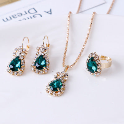 Water Drop Rhinestone Necklace, Earrings, and Ring Set – Elegant Jewelry Set for Women