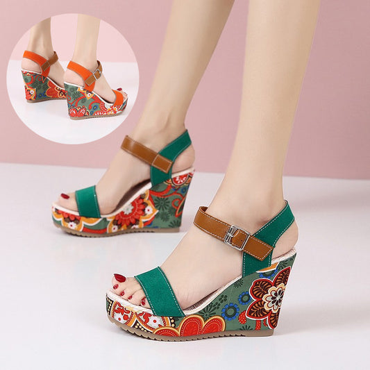 Fashionable Flower Embroidered High Wedge Sandals for Women – Summer Platform Toe Buckle Shoes