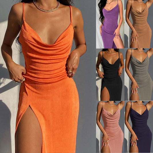 Women's Smooth Knitted Suspender Dress – Sexy Slit Design in European & American Style