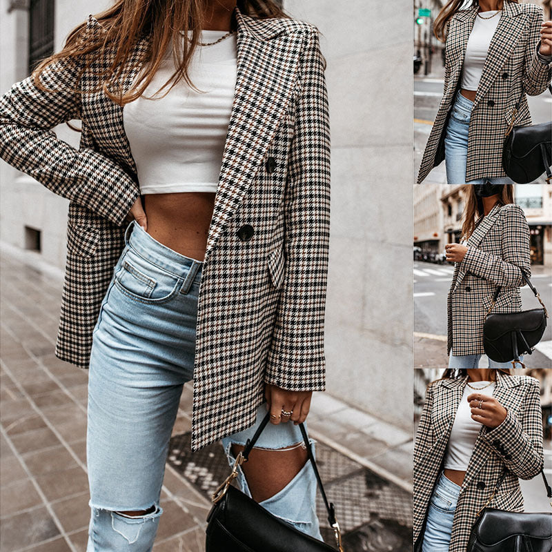 Women's Winter Plaid Long Suit Jacket – Stylish Warm Blazer for Cold Weather