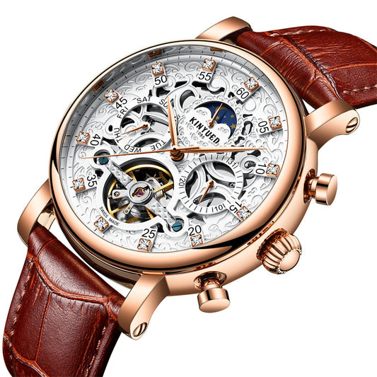 Genuine Leather Men's Automatic Watch – Hollow Mechanical Watch, Accurate Travel Time