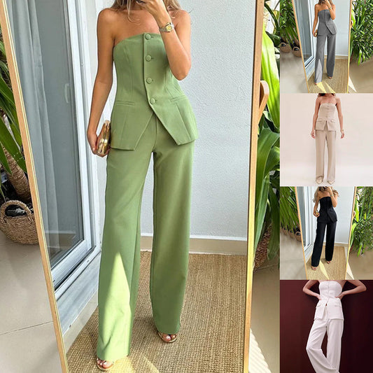 Women's Graceful Tube Top Suit – Button Sleeveless Top and Straight Pants Set for Stylish Casual Wear