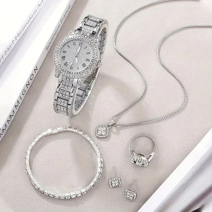 Women's Diamond Fashion Roman Quartz Watch Five-piece Set – Elegant Luxury Wristwatch Collection for Women