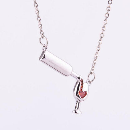 Wine Bottle & Cup Pendant Necklace for Women – Red Enamel Heart Love Cheers Chain Necklace, Perfect Gift for Wine Lovers