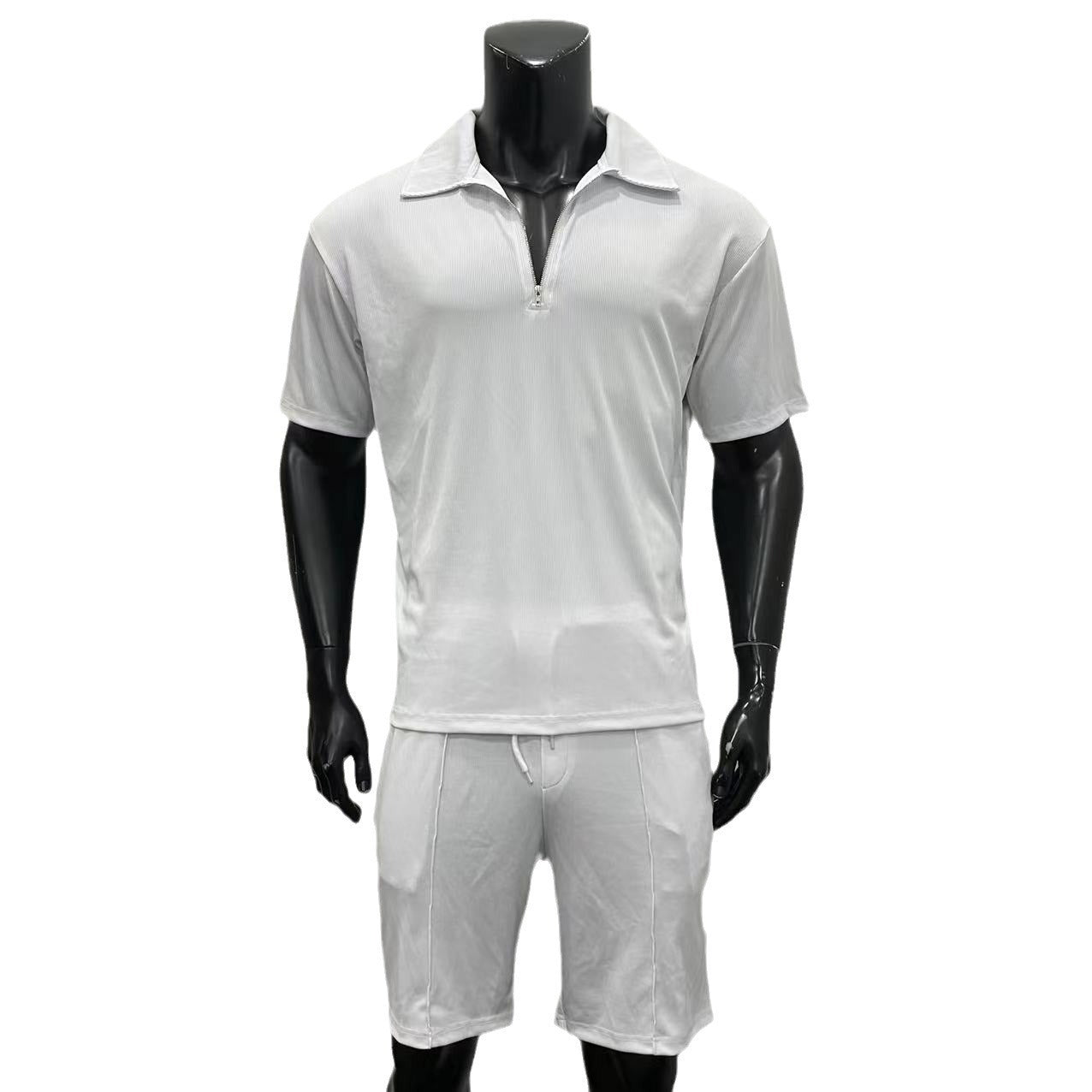Summer Fashion Men's Clothing Set, Zipper Polo & Casual Shorts, Short Sleeve Drawstring Shorts Suit for Men