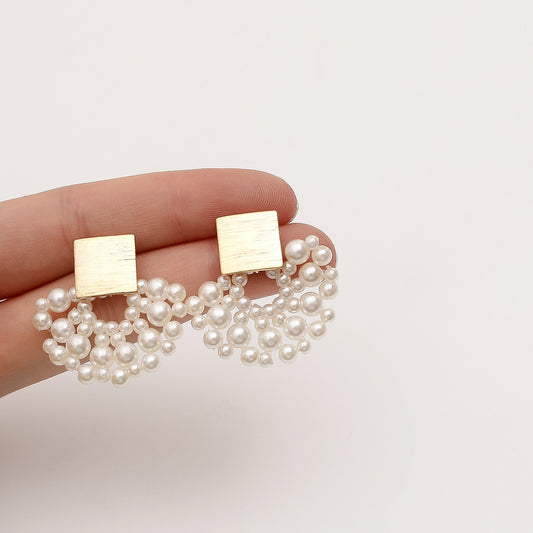 Handmade Pearl Woven Scalloped Design Pearl Stud Earrings for Women