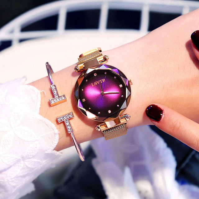 Rose Gold Women's Watch - Fashion Diamond Starry Sky Magnet Wristwatch, Waterproof for Elegant Style
