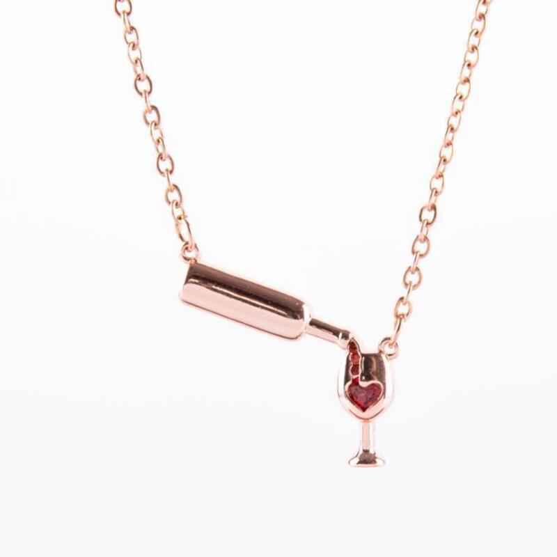 Wine Bottle & Cup Pendant Necklace for Women – Red Enamel Heart Love Cheers Chain Necklace, Perfect Gift for Wine Lovers