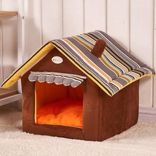 Premium 2-in-1 Convertible Pet House & Bed - Stylish Striped Design with Removable Washable Cover