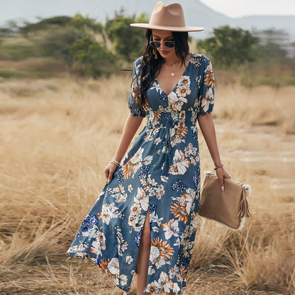 Floral Summer Beach Dress – V-Neck Elastic Waist Dresses for Women
