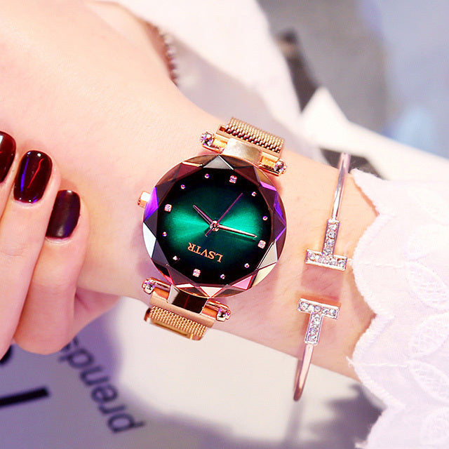 Rose Gold Women's Watch - Fashion Diamond Starry Sky Magnet Wristwatch, Waterproof for Elegant Style