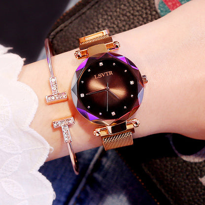 Rose Gold Women's Watch - Fashion Diamond Starry Sky Magnet Wristwatch, Waterproof for Elegant Style