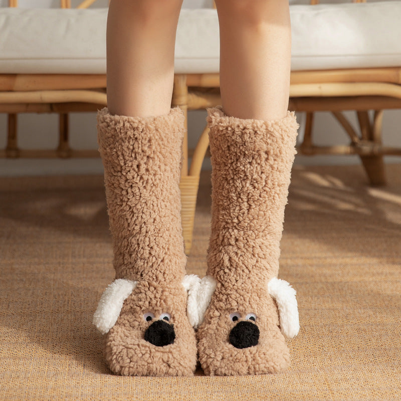 Women's Cute Cartoon Dog Floor Socks – Warm Plush Non-Slip Winter Socks for Cozy Comfort