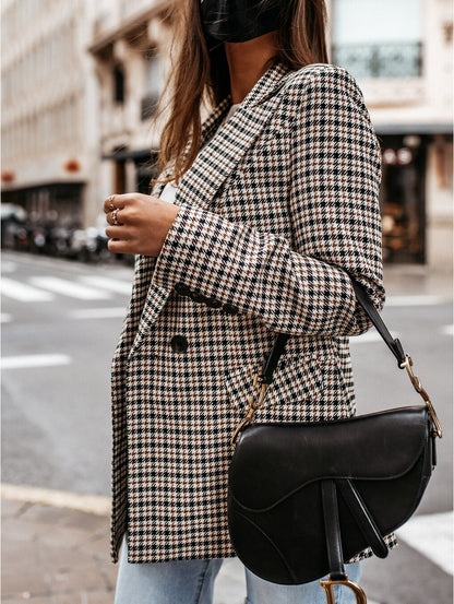 Women's Winter Plaid Long Suit Jacket – Stylish Warm Blazer for Cold Weather