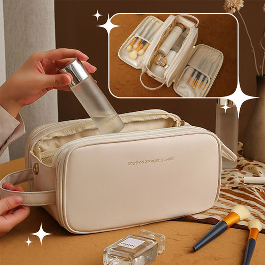 Three-Layer PU Leather Cosmetic Bag – Double Zipper U-Shaped Design for Makeup & Skin Care Storage