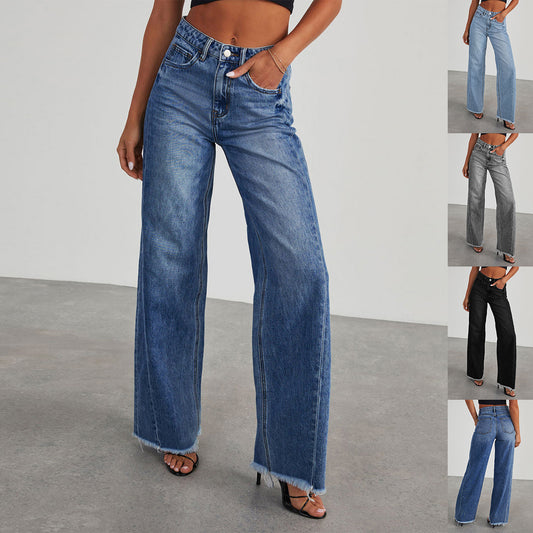 Women's High Waist Wide-Leg Jeans – Slim Fit Straight Denim Pants with Pockets for Casual Fashion