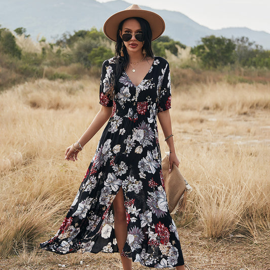 Floral Summer Beach Dress – V-Neck Elastic Waist Dresses for Women