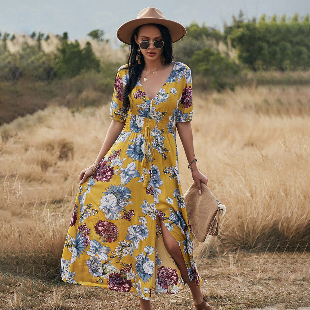 Floral Summer Beach Dress – V-Neck Elastic Waist Dresses for Women