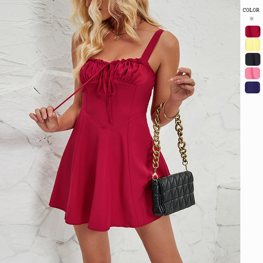 Women's Summer Sleeveless A-line Dress – Lace-up Suspender Mini Skirt for Stylish Casual Wear