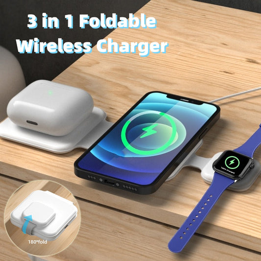 3-in-1 Magnetic Foldable Wireless Charging Station – Multi-Device Cell Phone Charger for Phones, Air Pods & Smartwatches