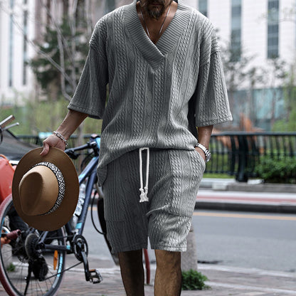 Casual Jacquard Suit Summer V-neck T-shirt & Drawstring Pocket Shorts – Fashion 2pcs Set for Men