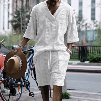 Casual Jacquard Suit Summer V-neck T-shirt & Drawstring Pocket Shorts – Fashion 2pcs Set for Men