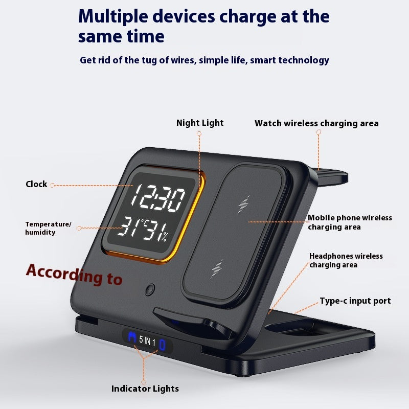 15W Wireless Charging Stand – 5-in-1 LED Digital Alarm Clock, Fast Charging Dock Station for Phones & Devices