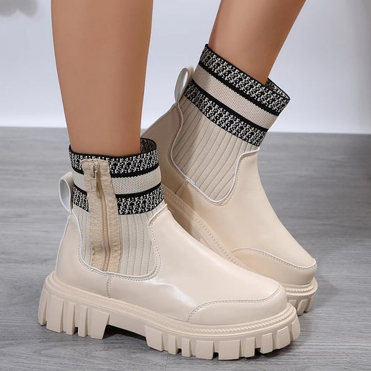 Fashion Mid-Tube Boots - Zipper Design, Non-Slip Thick Sole, Knitted Patchwork Winter Boots