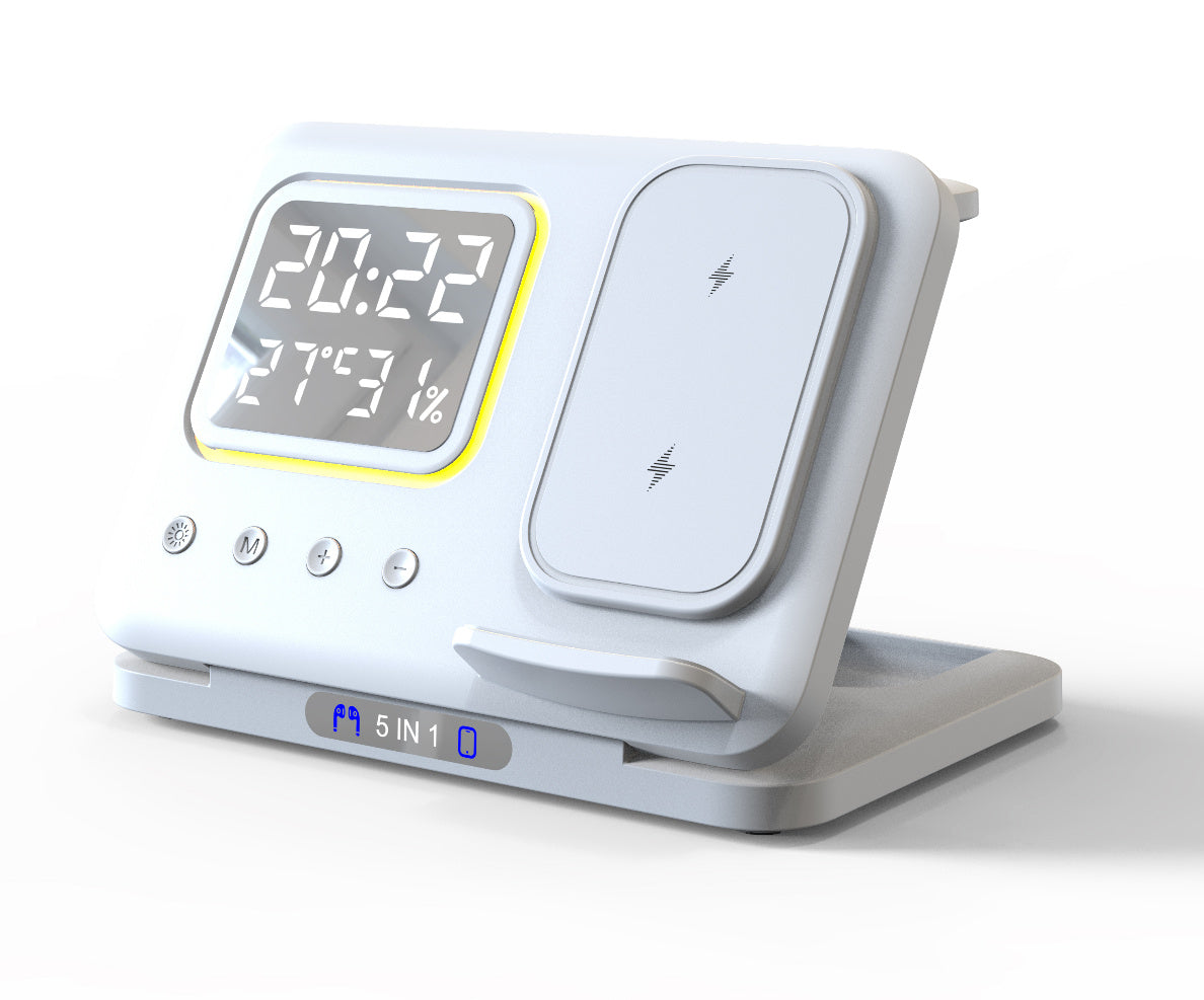 15W Wireless Charging Stand – 5-in-1 LED Digital Alarm Clock, Fast Charging Dock Station for Phones & Devices