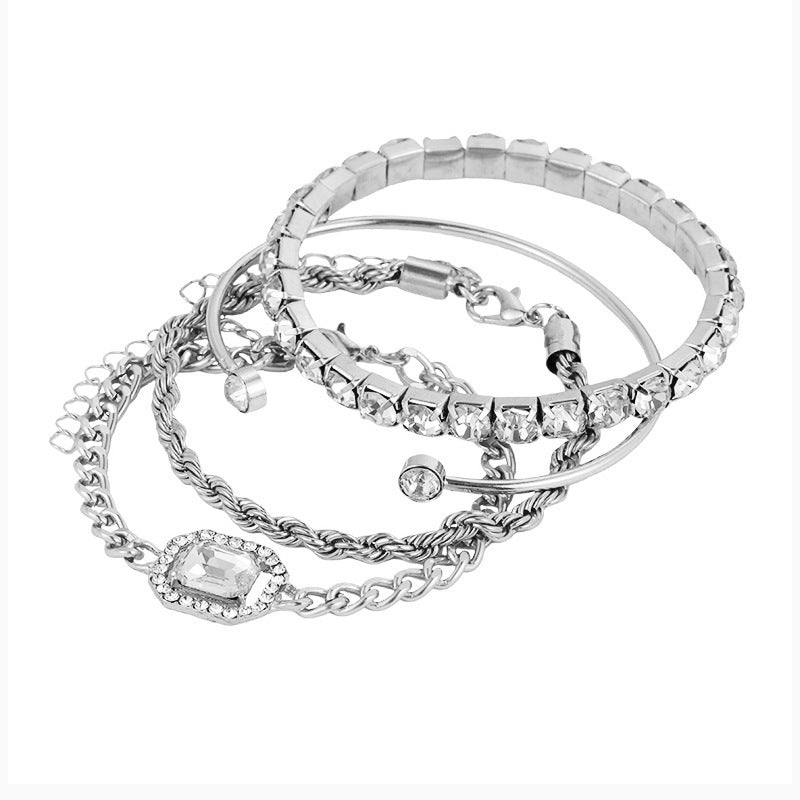 4-Piece Crystal Bracelet Set - Bohemian Design with Twisted Cuff, Vintage Luxury Armband Jewelry for Women