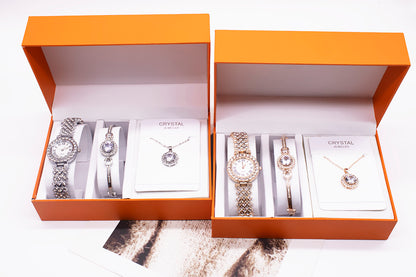 3-Piece Rhinestone Watch Set - Includes Bracelet and Necklace, Elegant Jewelry Set for Women