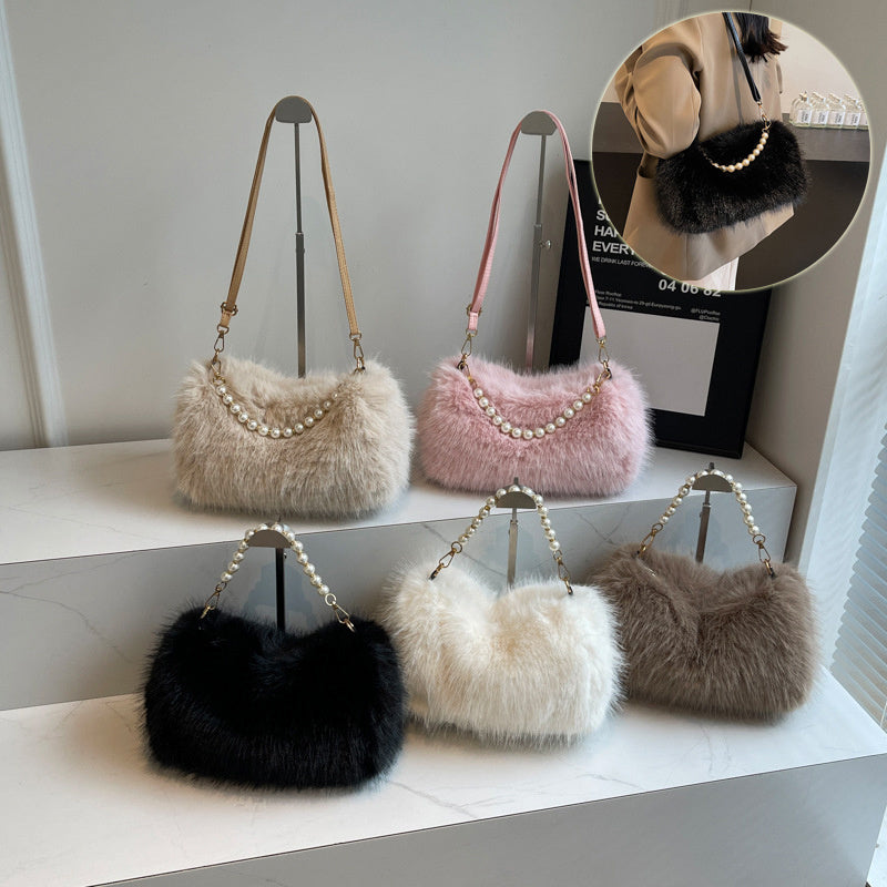 Autumn Winter Plush Shoulder Bag with Pearl Chain – Fashionable Versatile Women's Crossbody Armpit Bag