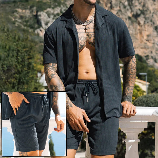 Men's Two Piece Set - Short Sleeve Lapel Button Shirt & Shorts Beach Style Summer Fashion Streetwear